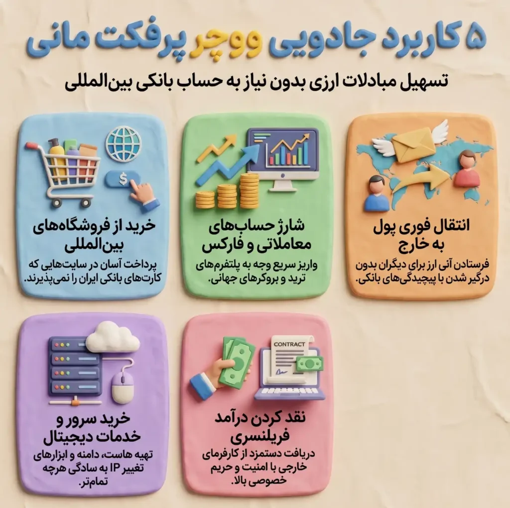 اینفوگرافیک کاربرد های ووچر پرفکت مانی
