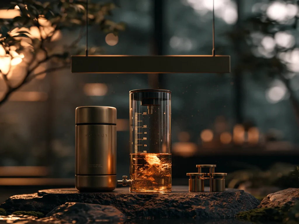 قوطی برنجی، استوانه مدرج با مایع کهربایی و چند وزنه کوچک زیر یک نوار نور، تصویر مفهومی خرید اشتراک Claude