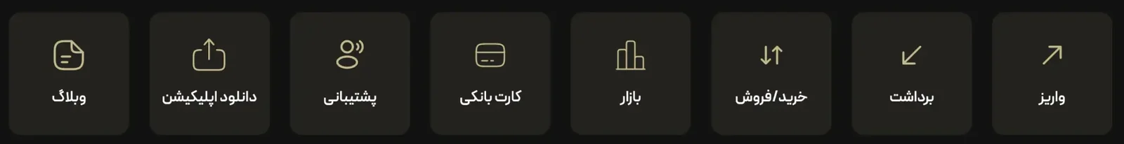 نوار میانبرهای داشبورد دیجی دلار: واریز، برداشت، خرید و فروش، بازار، کارت بانکی، پشتیبانی، دانلود اپلیکیشن و وبلاگ