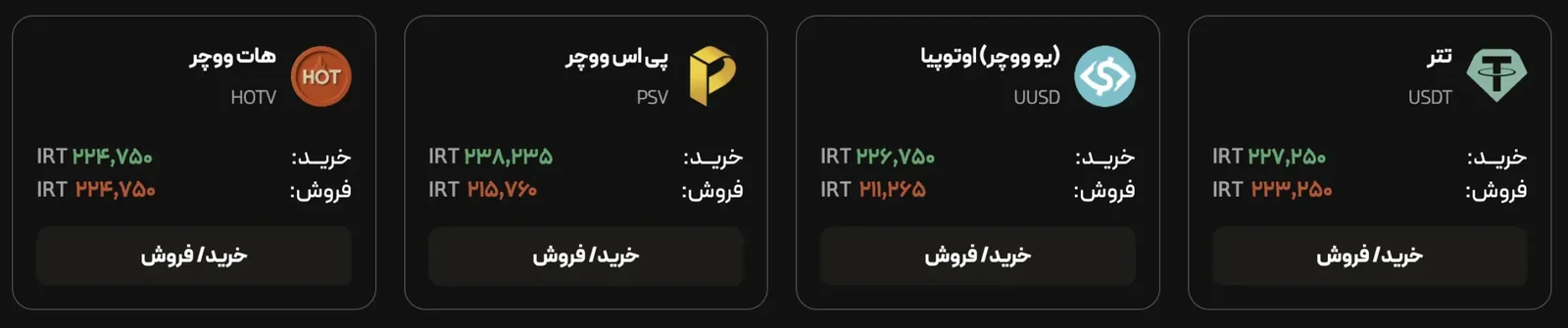 کارت های نرخ لحظه ای پنل دیجی دلار برای هات ووچر، پی اس ووچر، یو ووچر اوتوپیا و تتر با قیمت خرید و فروش جدا