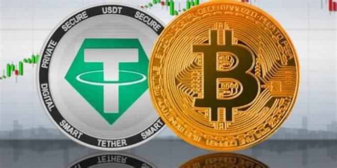 سکه های تتر و بیت کوین کنار هم روی نمودار شمعی قیمت