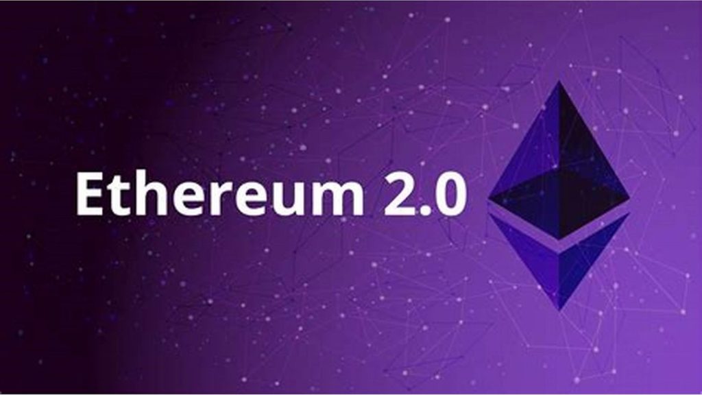 نشان اتریوم در کنار عبارت Ethereum 2.0 روی زمینه بنفش