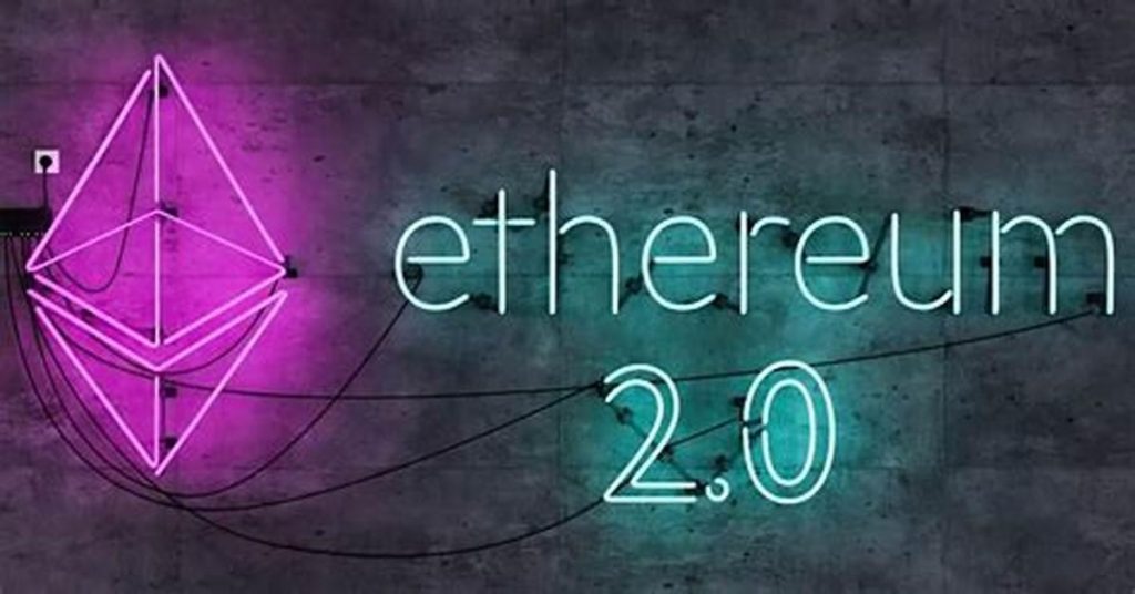 نئون نشان اتریوم و عبارت ethereum 2.0 روی دیوار بتنی