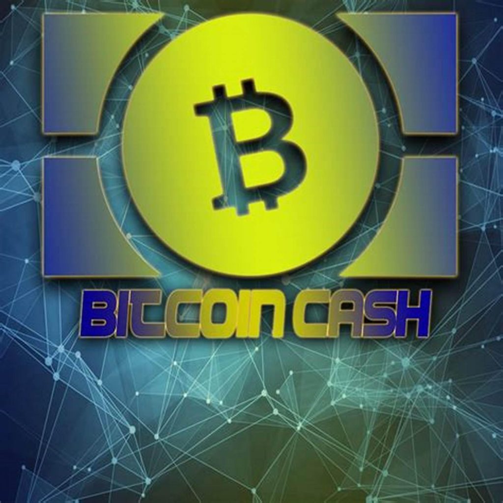 نماد زرد بیت کوین کش با نوشته Bitcoin Cash روی زمینه آبی شبکه ای