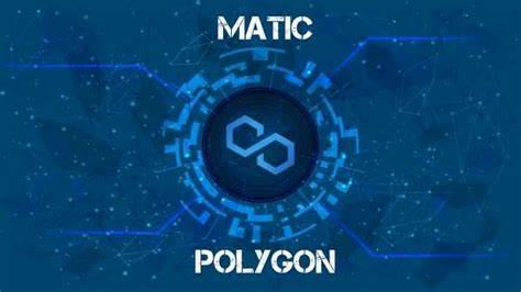 نشان پالیگان در مرکز یک حلقه فناورانه آبی با نوشته MATIC در بالا و POLYGON در پایین