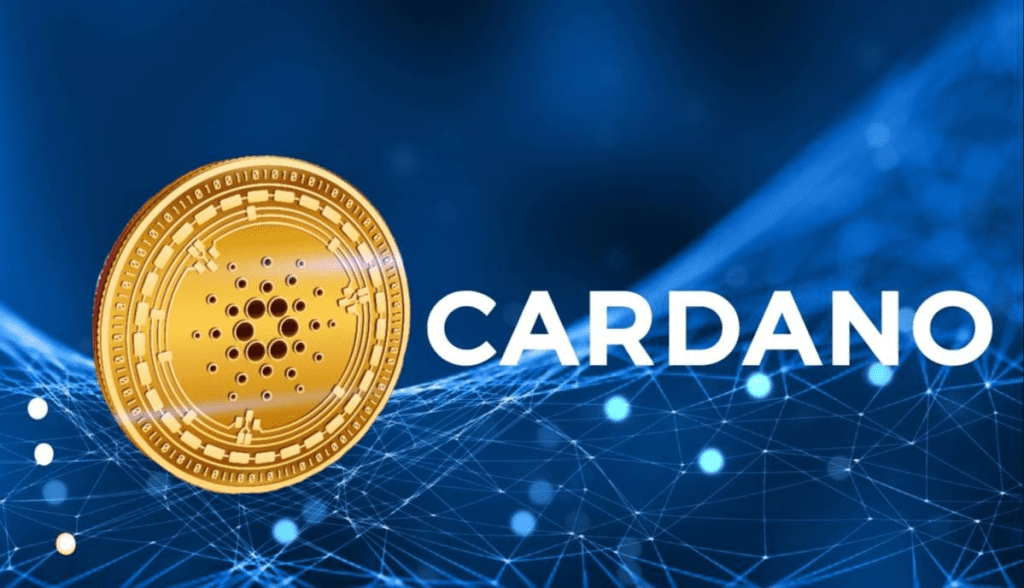 سکه طلایی کاردانو کنار نوشته CARDANO روی زمینه آبی شبکه ای