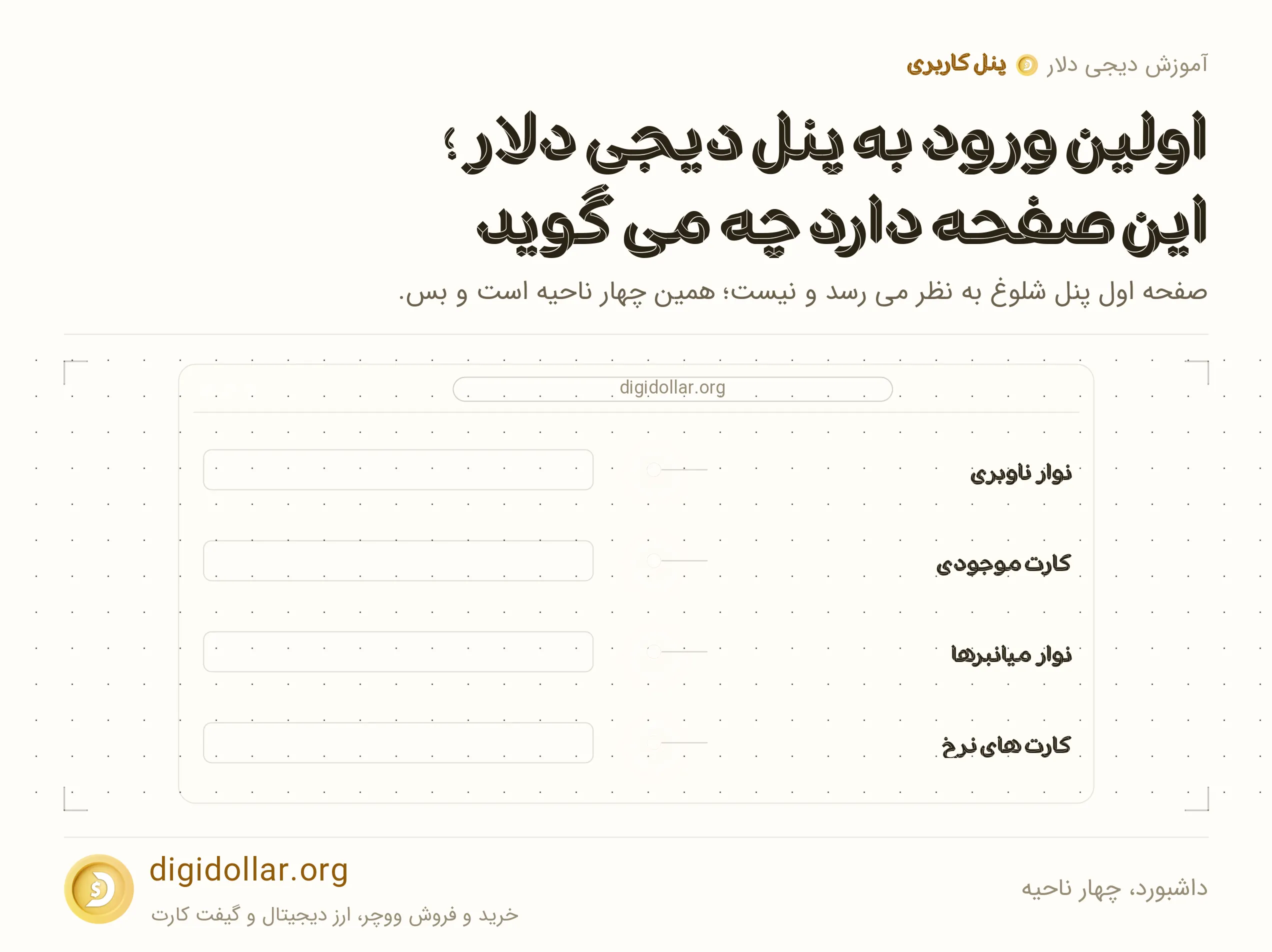 اینفوگرافیک داشبورد، چهار ناحیه: نوار ناوبری، کارت موجودی، نوار میانبرها، کارت های نرخ