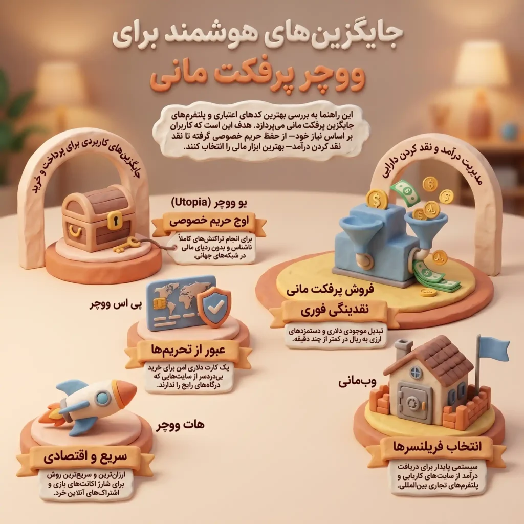 اینفوگرافیک جایگزین های ووچر پرفکت مانی شامل یو ووچر، پی اس ووچر، هات ووچر و وب مانی به همراه کاربرد هر کدام