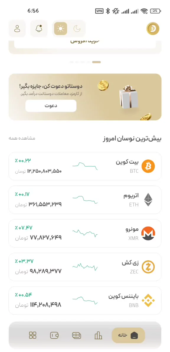 صفحه اصلی اپلیکیشن دیجی دلار با موجودی، نرخ تتر و فهرست بیشترین نوسان روز